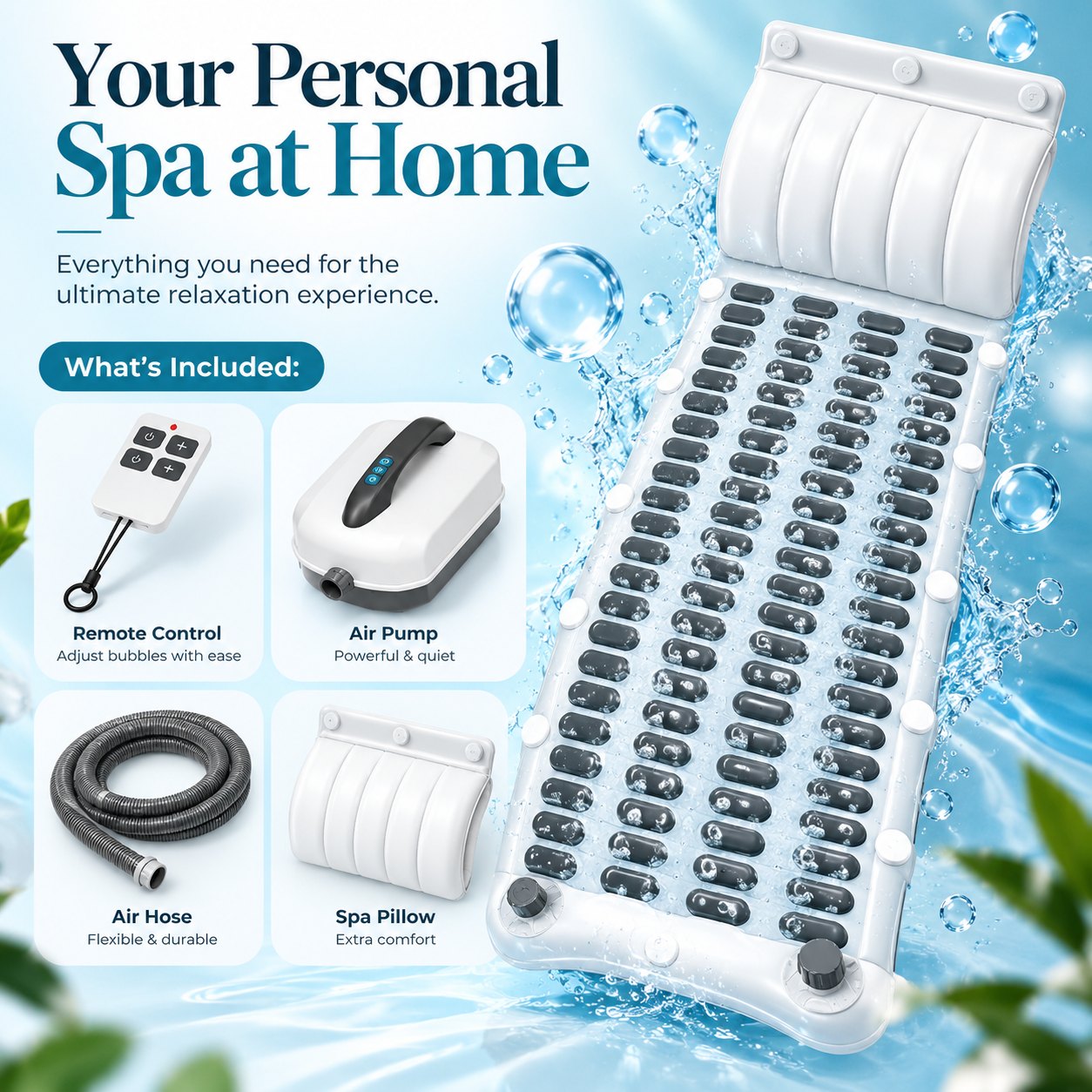 BubbleMat spa bubble bath mat with pillow, remote and air pump